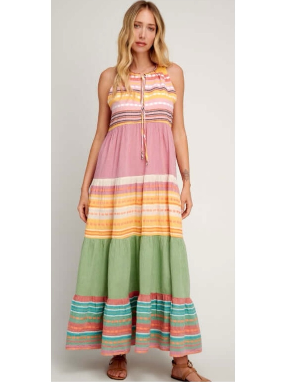 Pearl & Caviar Colorful Stripe Cotton Sleeveless Maxi Dress, S